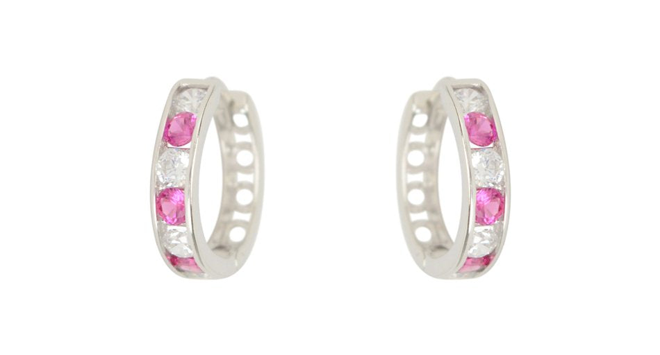 10kt White Gold Dark Pink & White Cubic Huggies