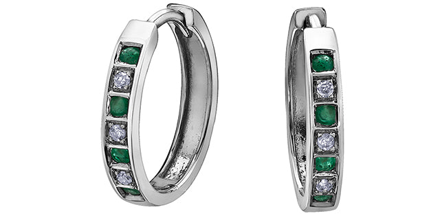 White Gold 10kt Emerald and Diamond Hoop Earrings