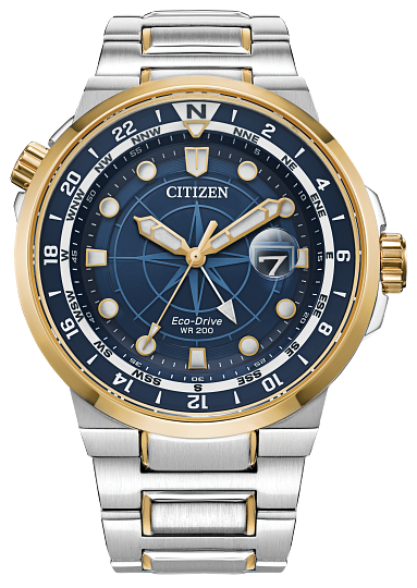 men's two tone citizen eco-drive with dual time zone, luminous hands and markers