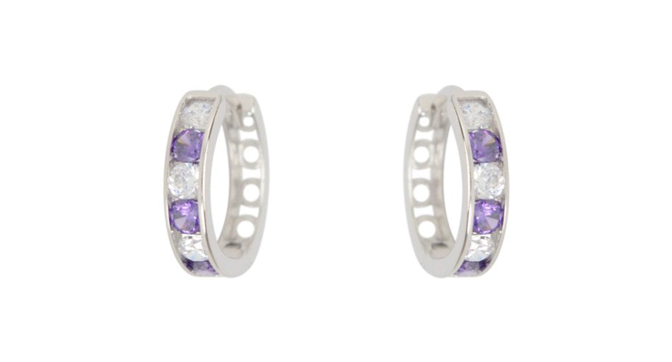 10kt White Gold Purple & White Cubic Huggies