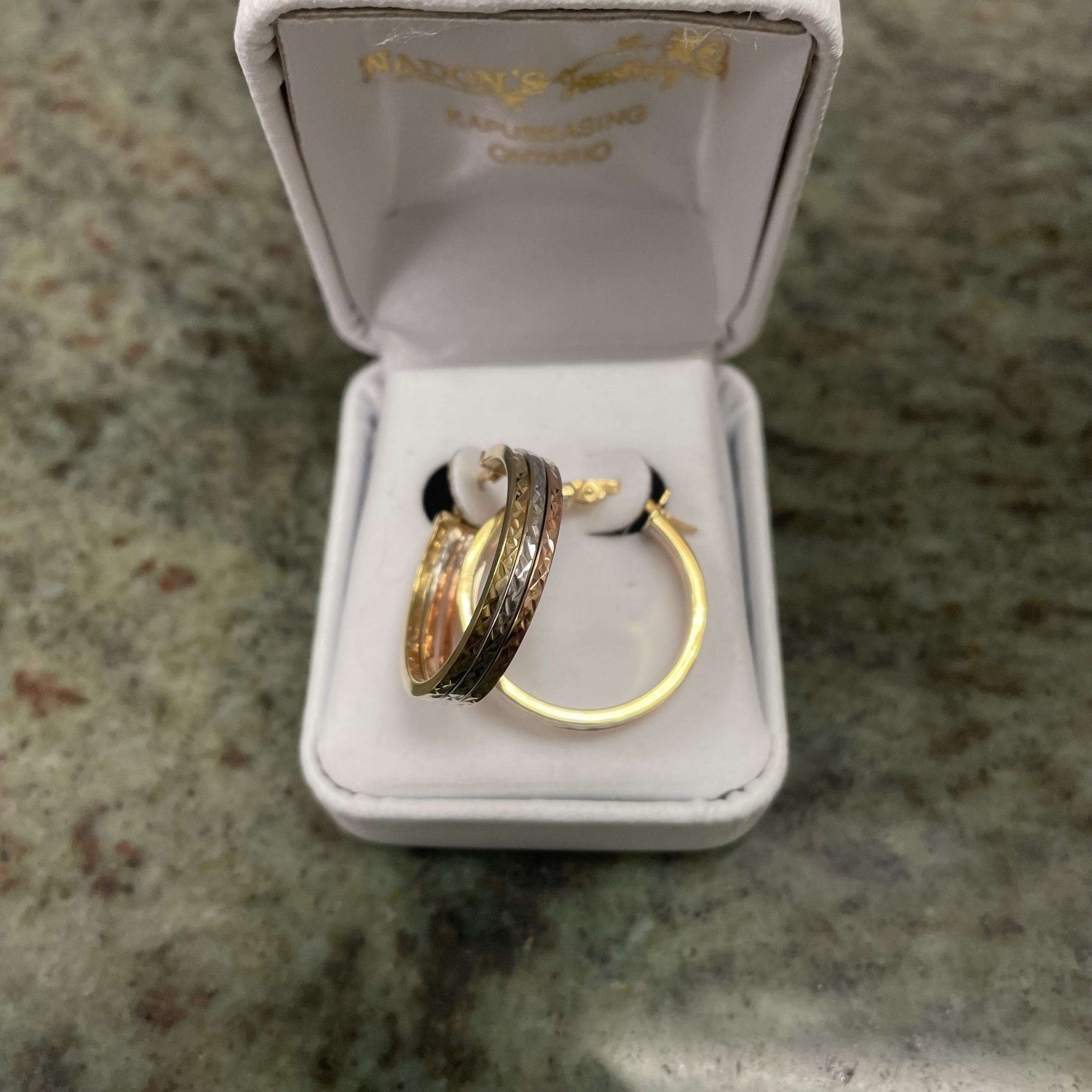 10kt tri-colour diamond cut hoops