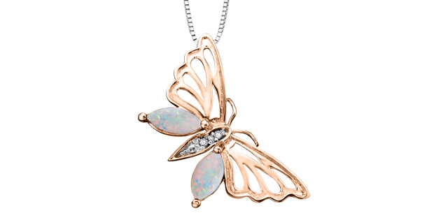 10kt rose gold opal & diamond butterfly pendant