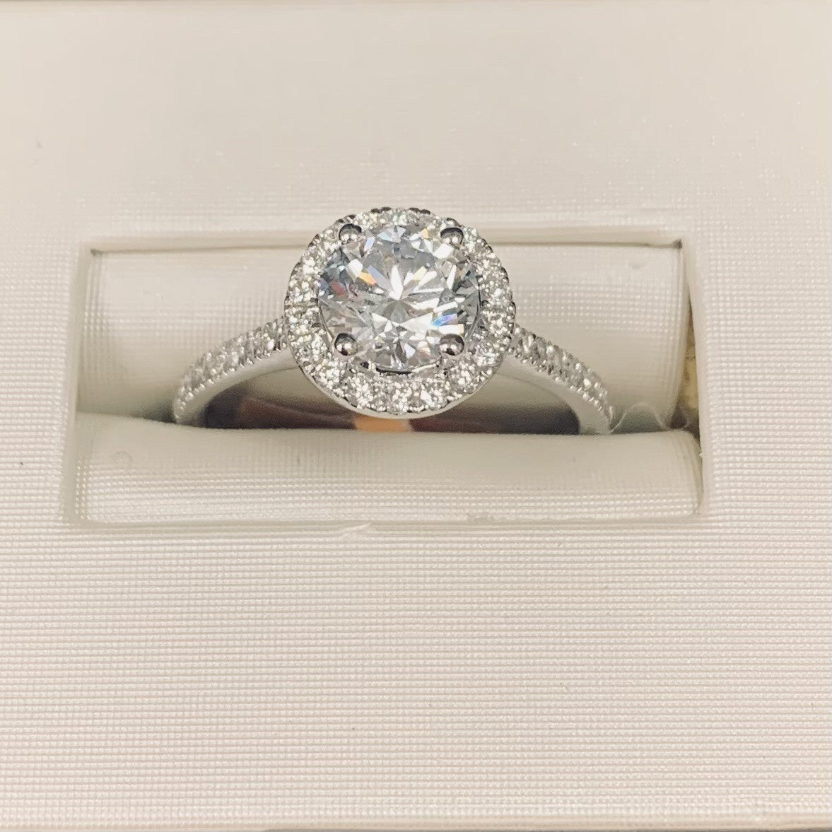 14kt white gold round lab grown diamond ring with halo 1.25cttw